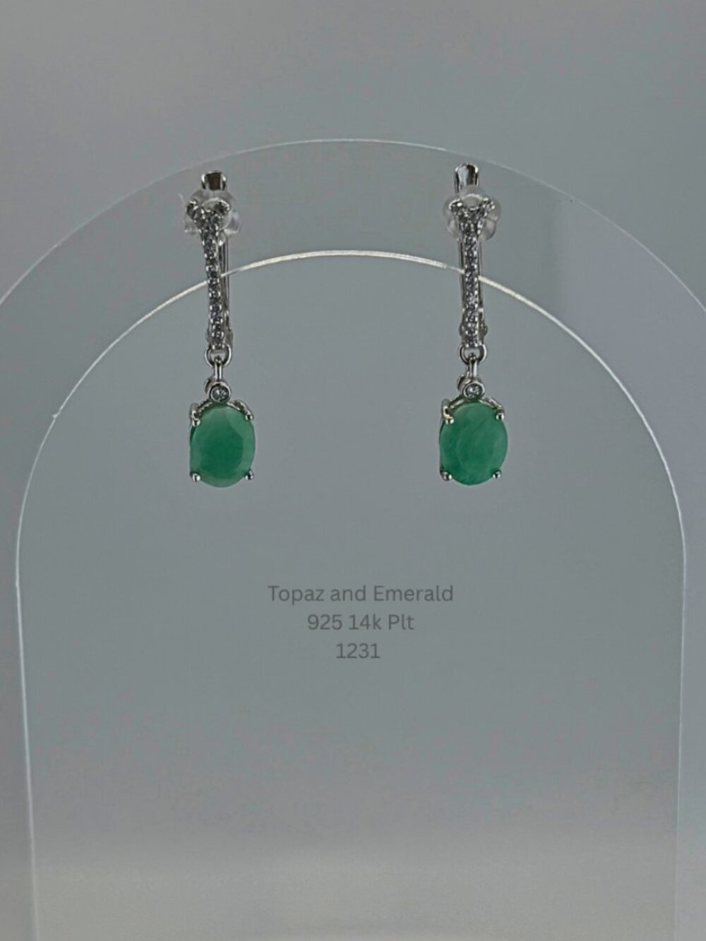 925 Sterling Silver 14K Gold Plated Sapphire White Topaz Dangle Earrings 8x6mm